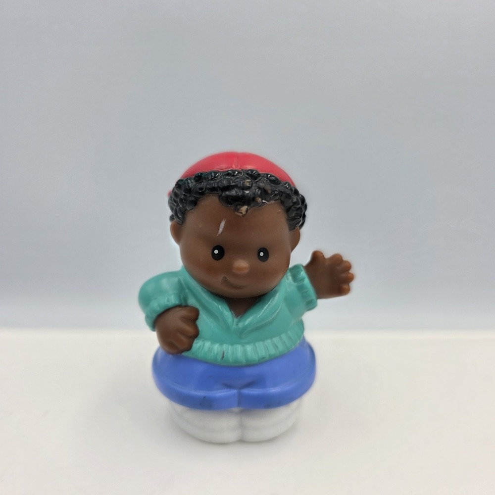 1997 FisherPrice Little People Michael African Black Little Boy Red Hat Green